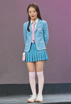 K-pop idol performing on stage in pastel school uniform, close up photo