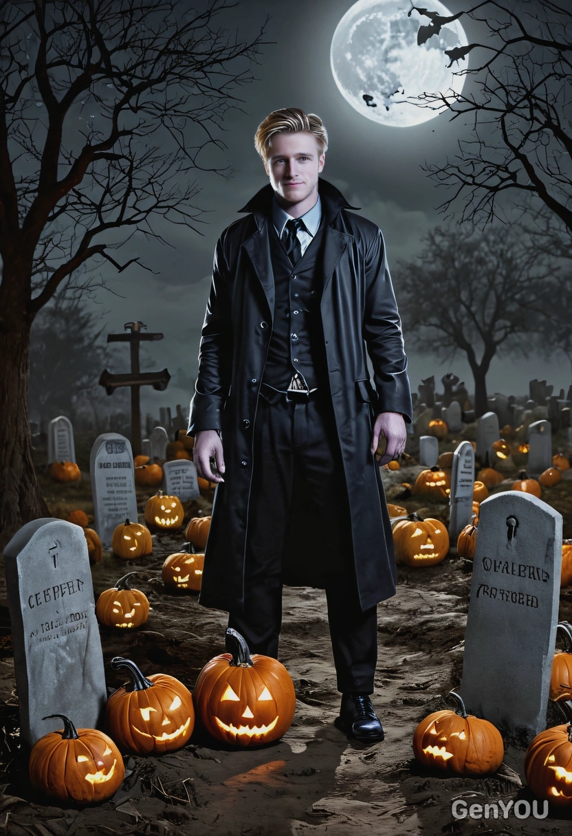 Cryptid caretaker, a grave-keeper or undertaker for monsters at a Halloween party, eyes on you, dark moon lighting, spooky pumpkins on the ground