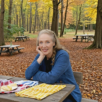 sitting at a picnic table in the woods, autumn trees on the background