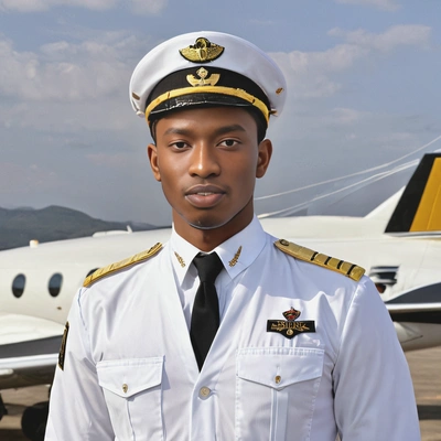 as a pilot in a crisp white uniform with gold epaulettes and a cap