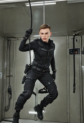 as Ethan Hunt from Mission: Impossible, wearing a black tactical outfit, holding a rope, hanging from the ceiling in a high-tech vault, full body view