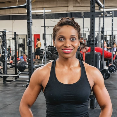 as a woman, in a CrossFit gym on the background