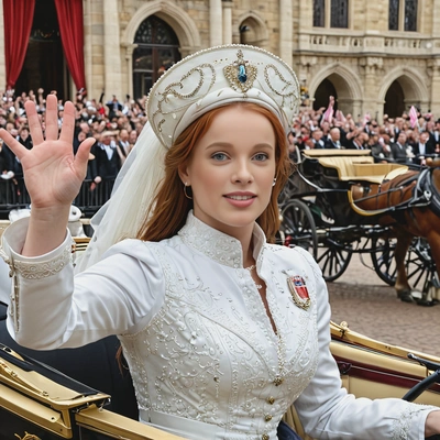 a royal procession, with a queen in a horse-drawn carriage, waving to a cheering crowd as she rides through a grand city square, close up photo