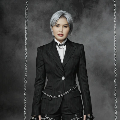 as Taemin from SHINee's Criminal, dressed in a sleek black and white suit with chains, standing in a dark, fog-filled room