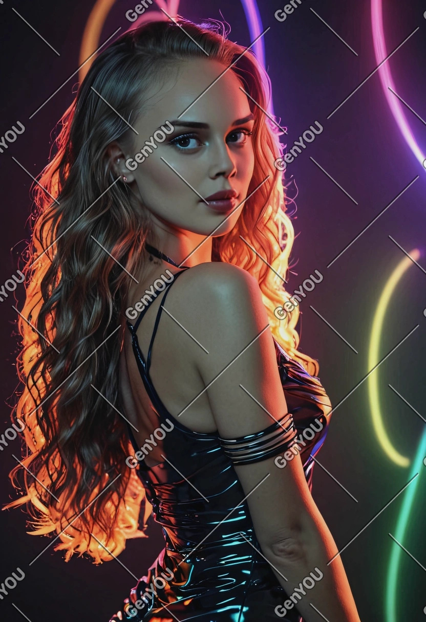 seductive sexy pose with a flirty look, half-body side view, wearing a stunning fitted dress, long wavy hair, in a neon rave club, warm glow, high-quality photo, vaporware core aesthetics, neon-shaped, sharp face texture, straight tempting eyes looking at viewer