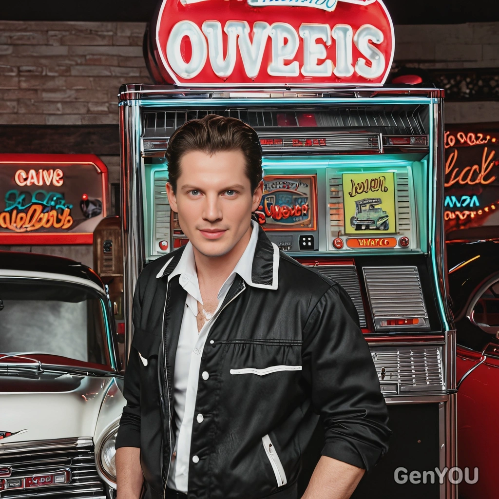 wearing a vintage rockabilly outfit, standing next to a jukebox at a retro diner-themed party, with classic cars and neon signs all around