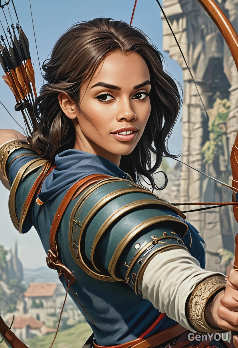 as an archer, medieval setting, high-quality stylized art, eyes on you, cartoonish style, visible brushstrokes 