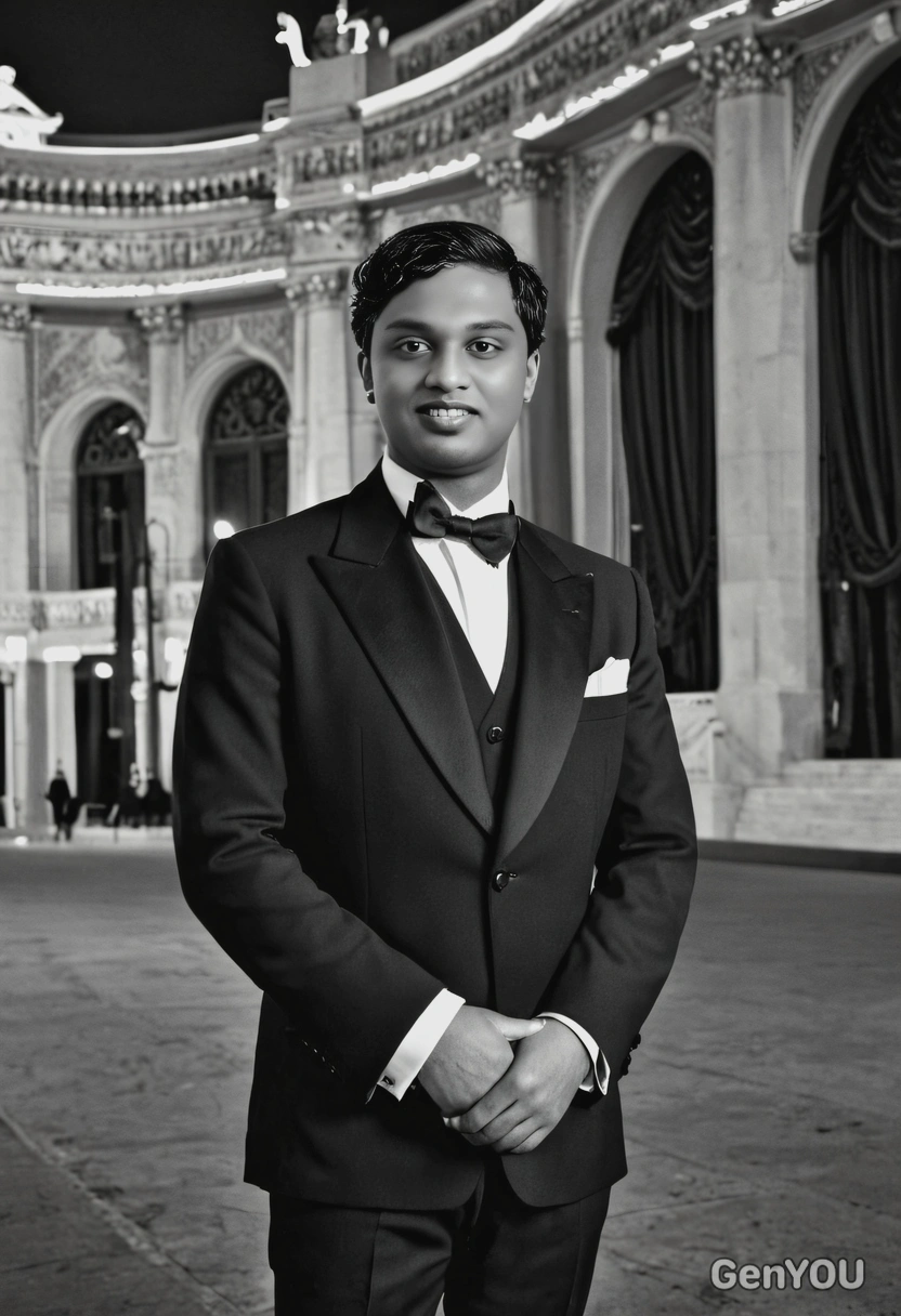 in 1920s black-tie attire, standing in front of a grand theater, black and white
