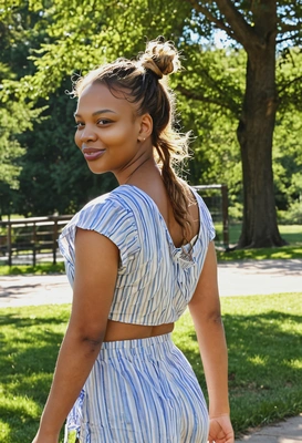 dressed in summer clothing walking in a sunlit park, hair tied back