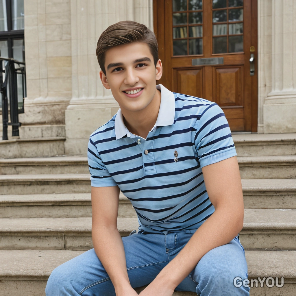 mid-shot, in a casual striped polo shirt and light wash jeans, on the steps of a classic library entrance