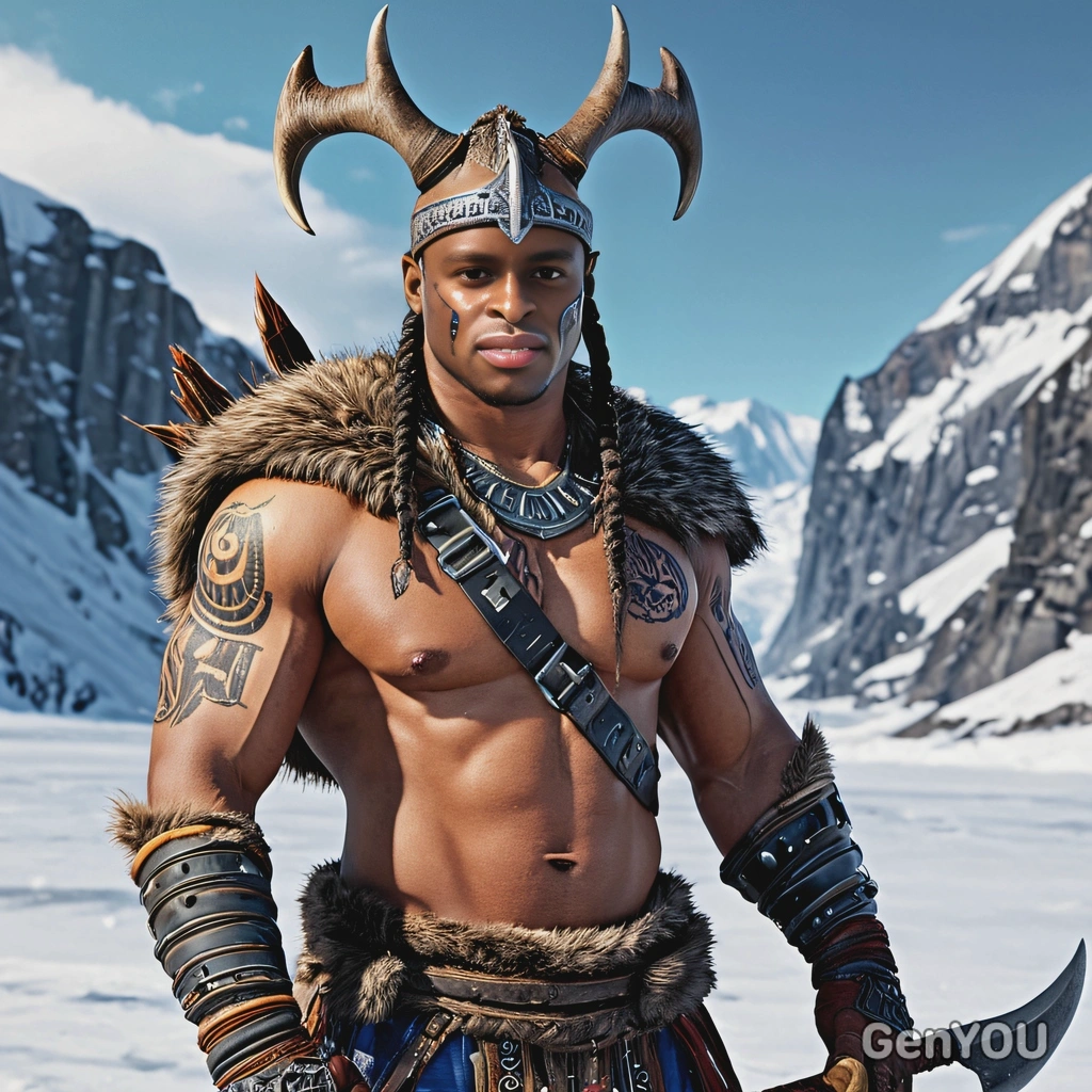 as a warrior, tribal tattoos, animal pelts, wielding a large axe, small helmet, braids on head, standing on a frozen tundra, vivid colors, symmetrical clothing details, video game style, high-quality stylized art
