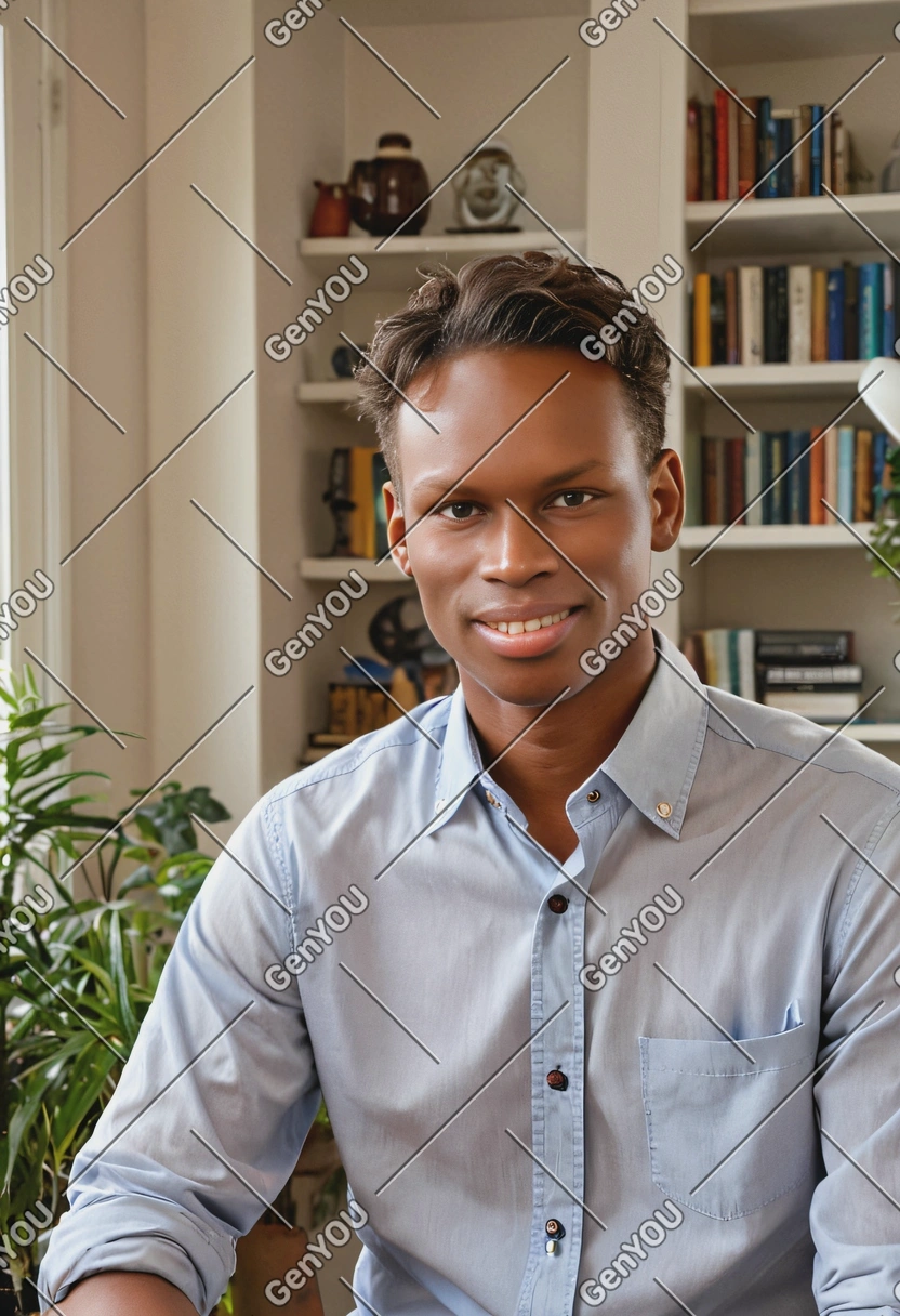 mid-shot, wearing a plain button-down shirt, soft smile, in a softly lit home study with a garden view 