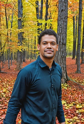 in a forest, with colorful leaves swirling around