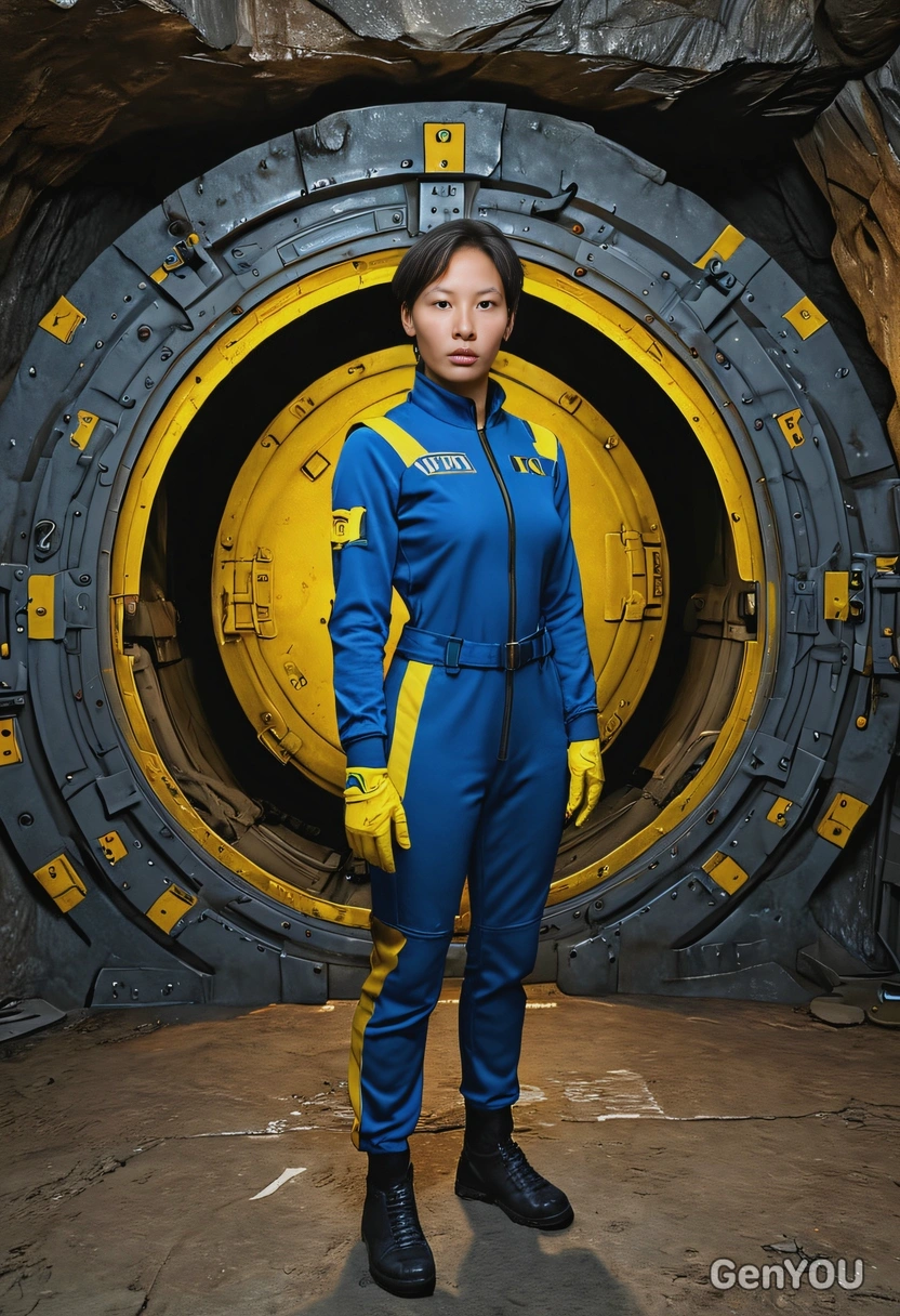 as a vault dweller after nuclear fallout, in blue jumpsuit with yellow elements, in front of round vault door, inside a dark cave, looking at camera, vivid colors, symmetrical clothing details, 3D video game style, high-quality stylized art