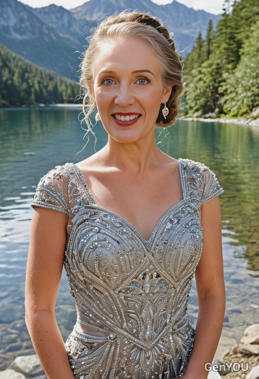 As a bride in an intricate beaded gown, posing by a crystal-clear lake for a mountain resort wedding photoshoot, half body portrait