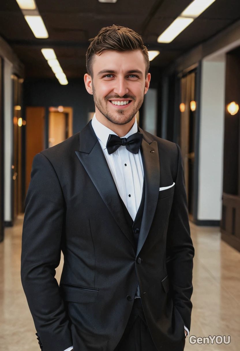 in a black tuxedo, seductive gaze, professional indoor lighting, blurry business hall background, sharp high-quality image, soft shadows, eyes on you, flirty smile