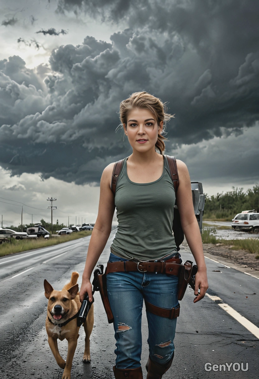in a post-apocalyptic movie, gun in holster, walking with a dog, stormy clouds, abandoned cars on highway, blurred background, cinematographic dark style