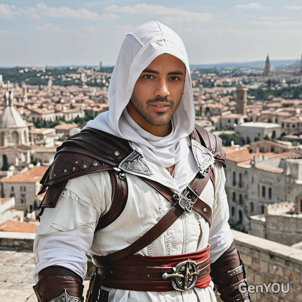 as Ezio Auditore from Assassin's Creed, in a white hood and leather armor, standing on a rooftop overlooking a Renaissance city, serious, confident, half body 
