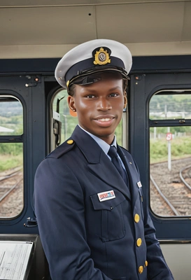 as a train driver, wearing a navy blue uniform with a conductor’s hat, standing confidently in the control cabin of a modern locomotive, with the tracks and station platform visible through the front window