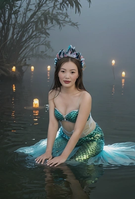 Mermaid costume in foggy lagoon, glowing lights