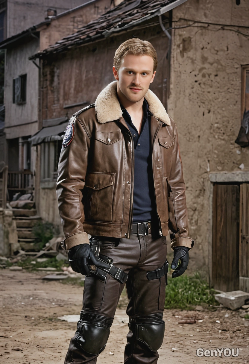 as Leon S. Kennedy from Resident Evil 4, wearing his brown leather bomber jacket with fur collar, tactical pants, and combat boots, standing in a dimly lit, abandoned village