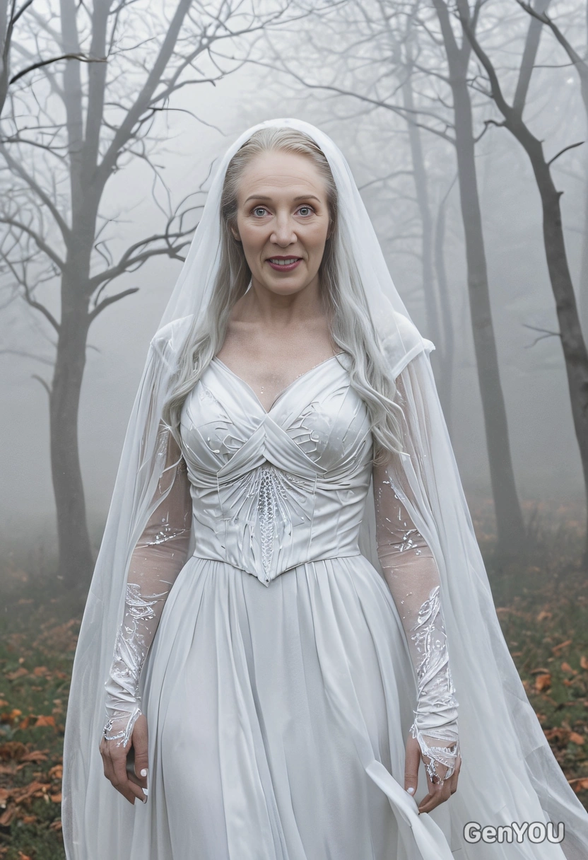 dressed as a spooky ghost in a flowing white gown, with ethereal makeup and a misty fog swirling around