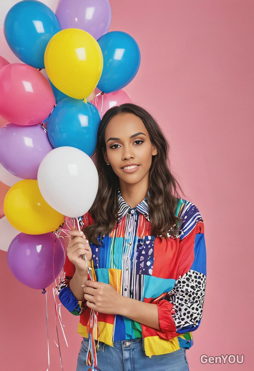holding a bunch of colorful balloons, with a bright party background
