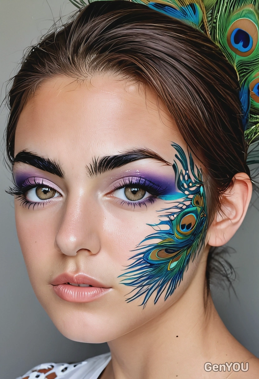 with a makeup look that mimics the patterns of peacock