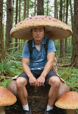 sitting on a giant mushroom, arms resting on my knees blurred background, cinematographic style