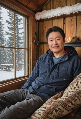 snuggling in a cozy cabin, sitting by a roaring fire and snow falling outside the window