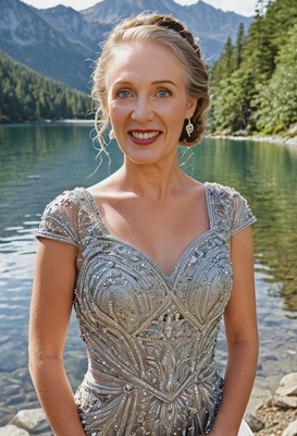 As a bride in an intricate beaded gown, posing by a crystal-clear lake for a mountain resort wedding photoshoot, half body portrait