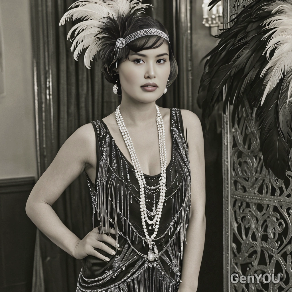 dressed in a vintage-inspired flapper dress, standing at a roaring 1920s-themed party, with feathers, pearls