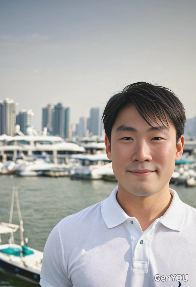 wearing a crisp white polo, against the backdrop of an active marina, blurred background, soft focus, visible skin texture