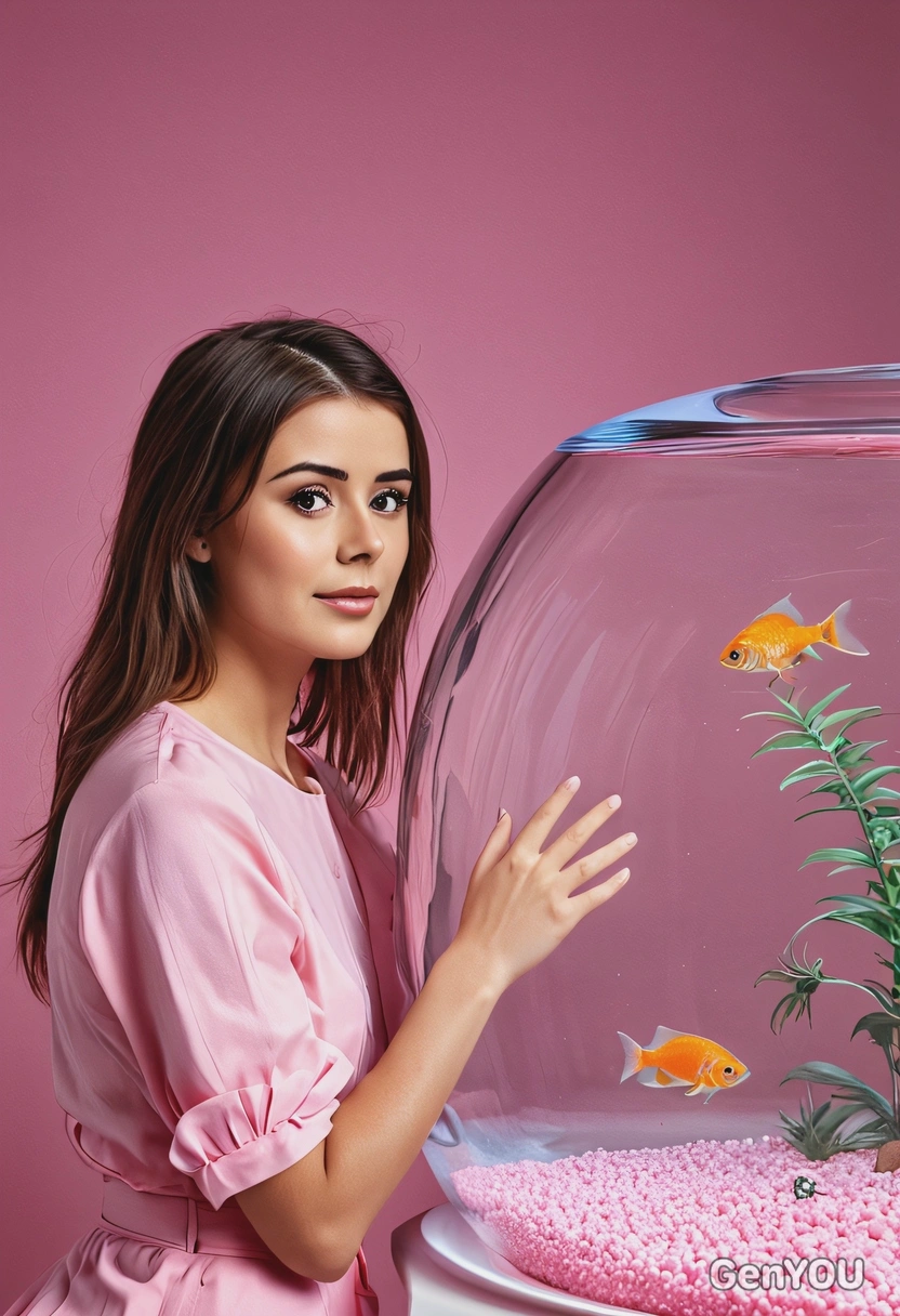 at photoshoot for fashion magazine hugging a round fish tank, on blurred background, symmetrical details, soft pink lighting