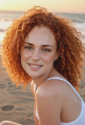 sharp skin texture details, mid-body photo, sitting on the beach, closed soft smile, afro long ginger hair, sunset on the background