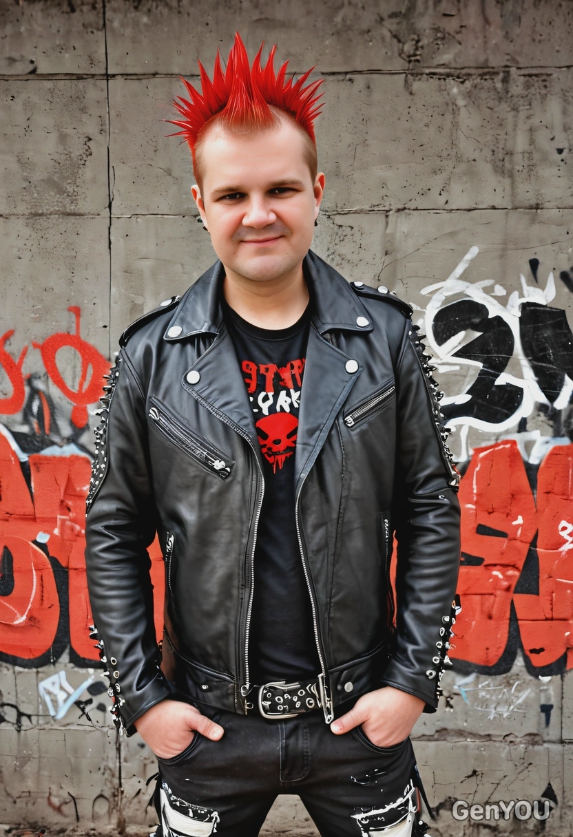 as a punk rocker, red mohawk, leather jacket, spikes, graffiti-covered walls, smiling, looking directly at you, symmetrical clothing details, cartoon style, high-quality stylized art
