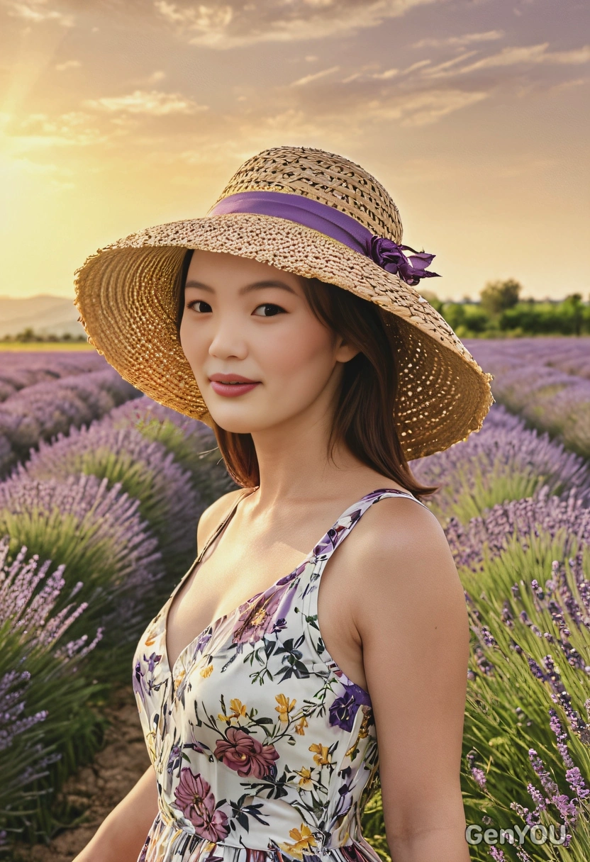 wearing a straw hat and a flowing floral dress, standing in the middle of a lavender field with the sun casting a golden hue over the scene