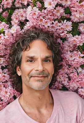 A romantic portrait of a young man with tousled dark curls and defined features, laying down framed by pink cherry blossoms in soft, natural lighting