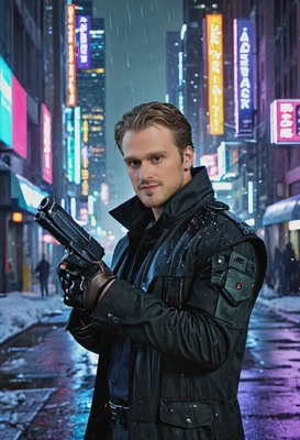 as a cosplayer of agent K from Blade Runner, standing on a city street, pistol in hand, blurred  futuristic city behind, skyscrapers, night, snow falling, neon lights, vivid colors, high-quality cinematographic style
