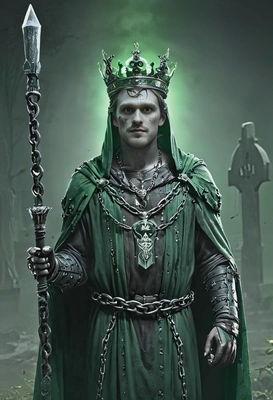 as king of the dead, in crown, chains, torn robes, green light in a fog-covered cemetery, with scepter, looking directly at camera, vivid colors, symmetrical clothing details, 3D video game style, high-quality stylized art