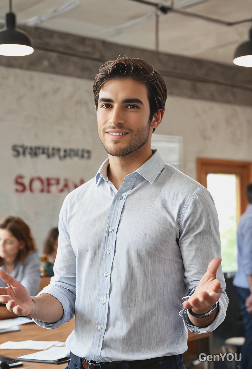 giving an inspirational speech to the team, casual outfit, startup office, blurred background,