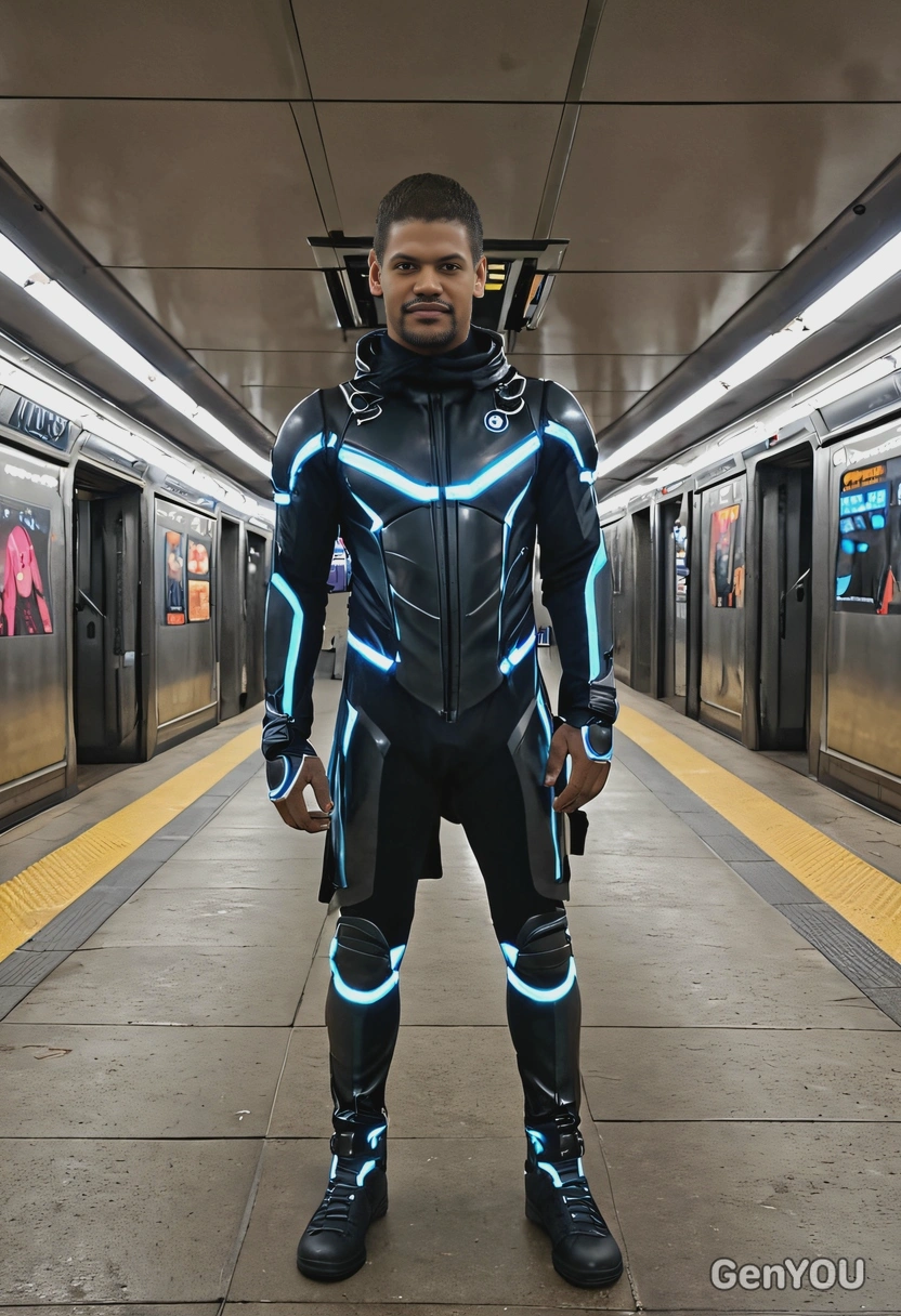 standing at the entrance of a glowing subway station, in futuristic outfit