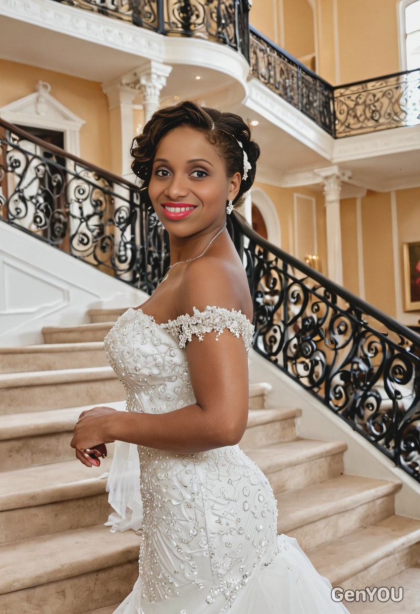 as a bride in an elegant off-shoulder gown, standing in front of a grand staircase inside a manor