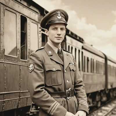 in 1940s military uniform, standing on a train platform, with a vintage sepia effect