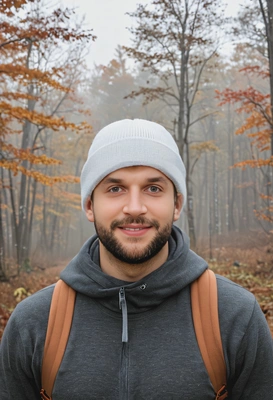 wearing a beanie, with a backdrop of foggy fall woods