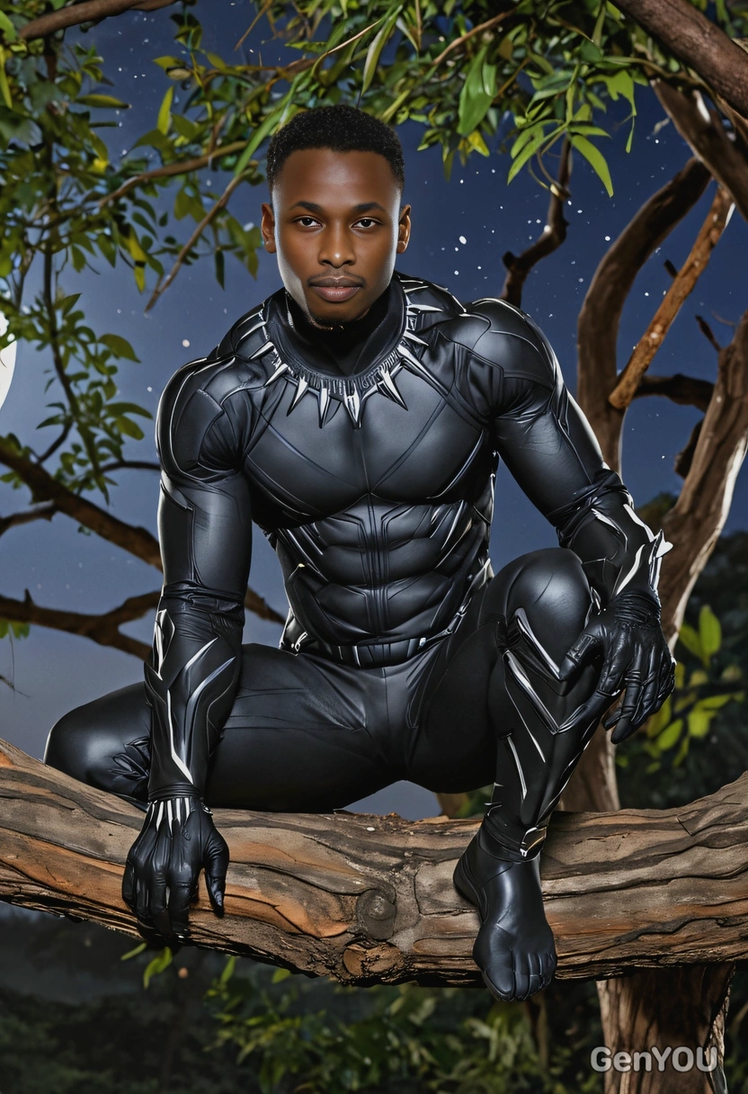 Black Panther crouched on a tree branch in Wakanda, black suit gleaming in the moonlight