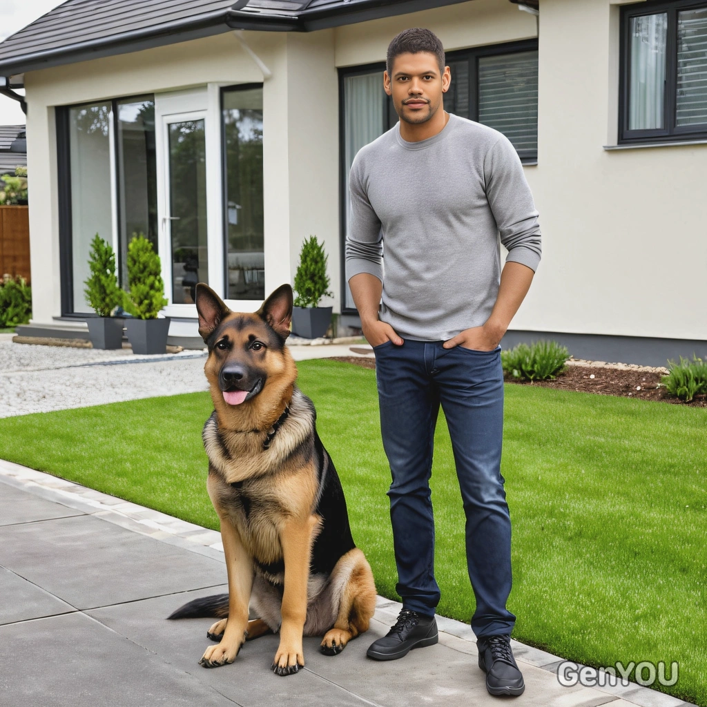 with a german shepherd by a modern house