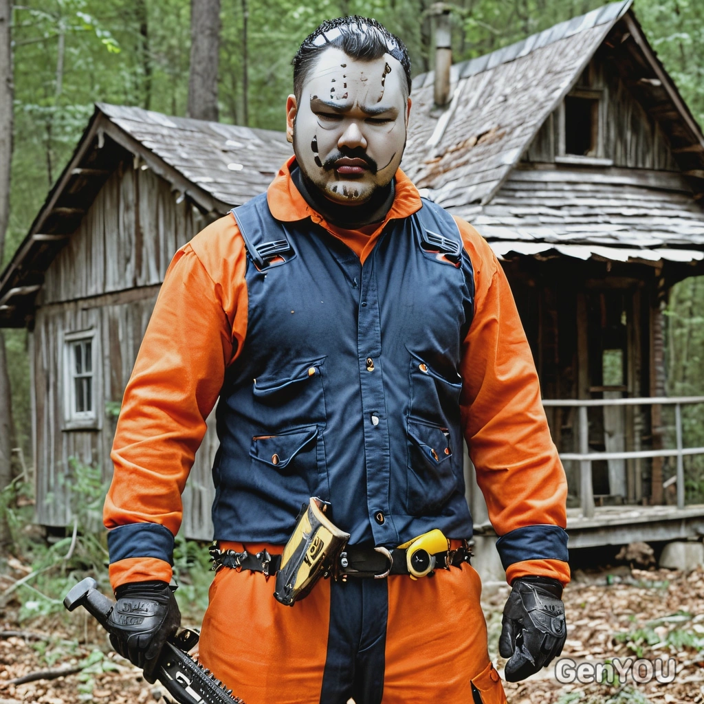 in a chainsaw-wielding maniac costume, standing in front of a decrepit cabin in the woods