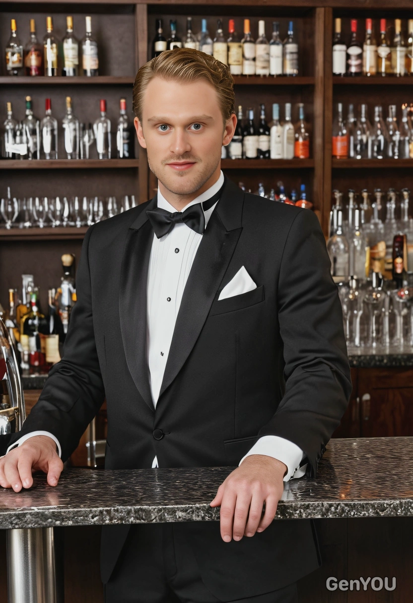 wearing a classic tuxedo, leaning against a bar counter at a sophisticated cocktail party, with ambient jazz music in the background, half body portrait 