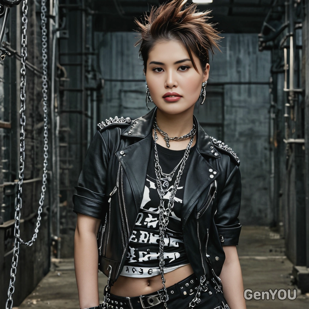 as a K-pop idol, dressed in a punk-inspired outfit with spikes and chains, posing for a moody photoshoot in a dark, industrial setting